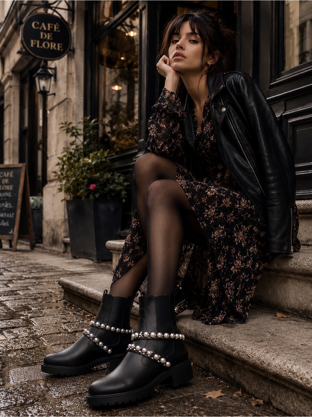 ZARA Black Pearl Strap Low Heel Leather Ankle Boots Pull On Grunge Whimsigoth